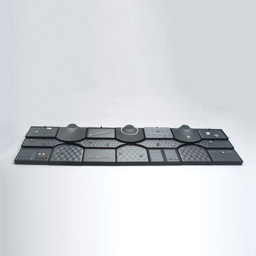 18-Pieces Steel Grey with Black Faux Leather Trim Set, 68" x 18 1/4" x 2 1/2"H