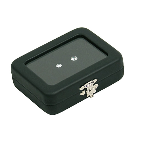 Glass top Black Faux Leather Metal Gem Box, 3 3/8 " x 2 1/2" x 1"H, Double Sided Foam( White,Black)