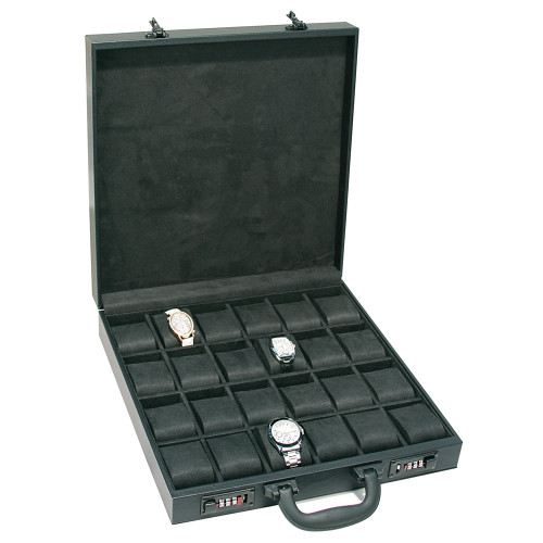 Black Leather 24-Watches Attache Case, 14 7/8" x 14 7/8" x 3 1/2"H