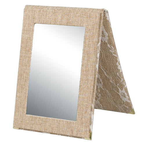 Folding Glass Mirror, (Snap), 7 1/4" x 10"H,Burlap with Lace