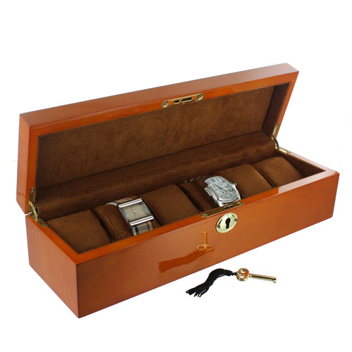6-Watches Oak Wood Case , 14 1/4" x 4 3/8" x 3 3/8"H ,camel