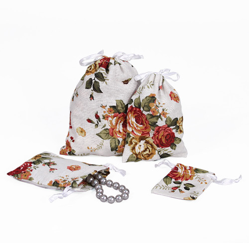 4" x 5",White Floral Fabric Drawstring Pouch, price for Dozen,Buy More Save More