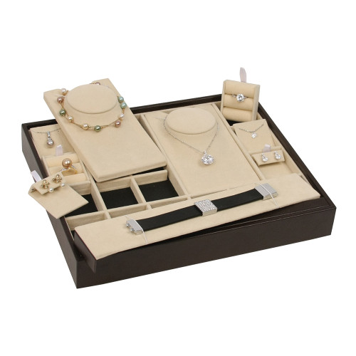 Multi-Function Stackable Trays, Beige Suede- Dark Brown Faux Leather