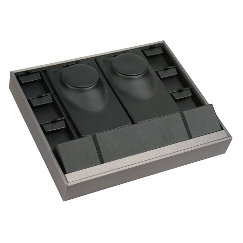 Multi-Function Stackable Trays, Black Faux Leather-Steel Gray Faux Leather