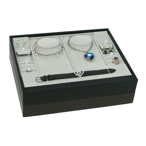 Multi-Function Stackable Trays, Gray Suede-Black Leather
