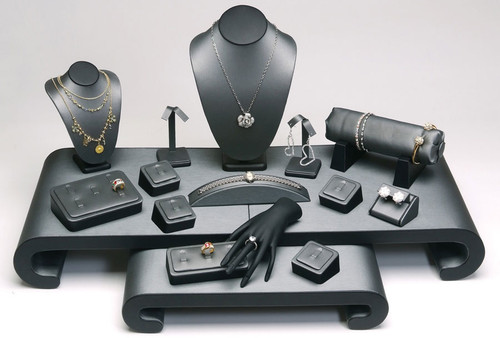17-Pieces Steel Grey with Black Faux Leather Jewelry Display Set , 30 1/4" x 22" x 15 1/4"H