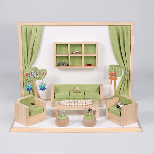 Display set (GREEN suede,wood trim),10pcs,16.5x10.25x12"H