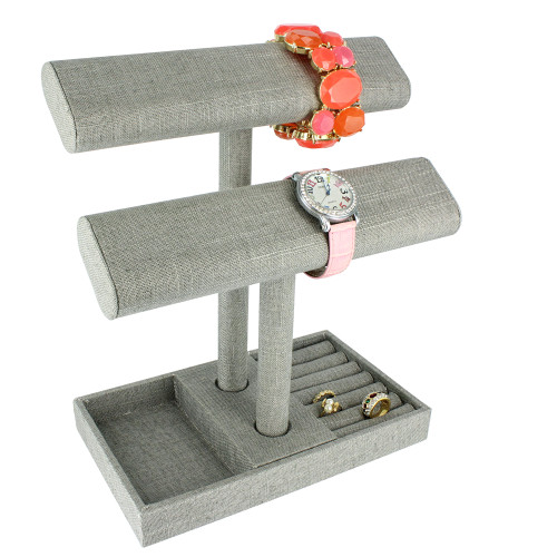 2 tier jewelry bar w/ ring holder tray -grey linen,9 1/4" x 5 3/8" x 10 3/4"H