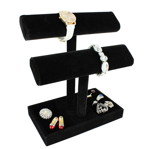 2 tier jewelry bar w/ ring holder tray - bk velvet,9 1/4" x 5 3/8" x 10 3/4"H