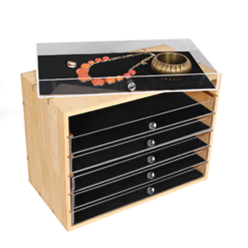 Natural Wood Organizer Case, Acrylic Drawer, 16" x 9" x 11 3/4"H
