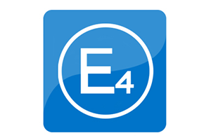 Two shades of blue form a background for the white outline of a circle. Inside the circle in white text is an E and a 4 in the style of the E4 logo for safety certification at internationally-recognized testing standards.