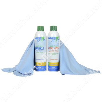 Waxie Green 16 ounce Metal Maintainer and 16oz Glass Cleaner w/ Two Waxie Blue Microfiber Cloths Waxie Green 16 ounce Metal Maintainer and 16oz Glass Cleaner w/ Two Waxie Blue Microfiber Cloths