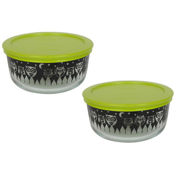 (2) Pyrex 7201 4 Cup Black Owl Glass Bowls w/ (2) 7201-PC Green Lids (2) Pyrex 7201 4 Cup Black Owl Glass Bowls w/ (2) 7201-PC Green Lids