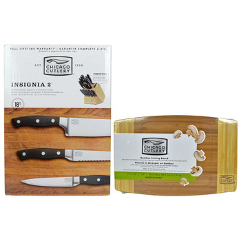 Chicago Cutlery 1117756 and 1074564 18pc Insignia2 Knife Block Set with 12" Bamboo Cutting Board
Chicago Cutlery 1117756 and 1074564 18pc Insignia2 Knife Block Set with 12" Bamboo Cutting Board