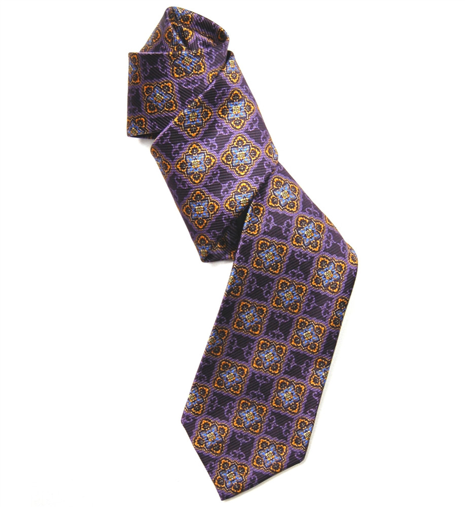 Purple Medallion Silk Faille 'Lyon Print' Seven Fold Tie by Robert ...