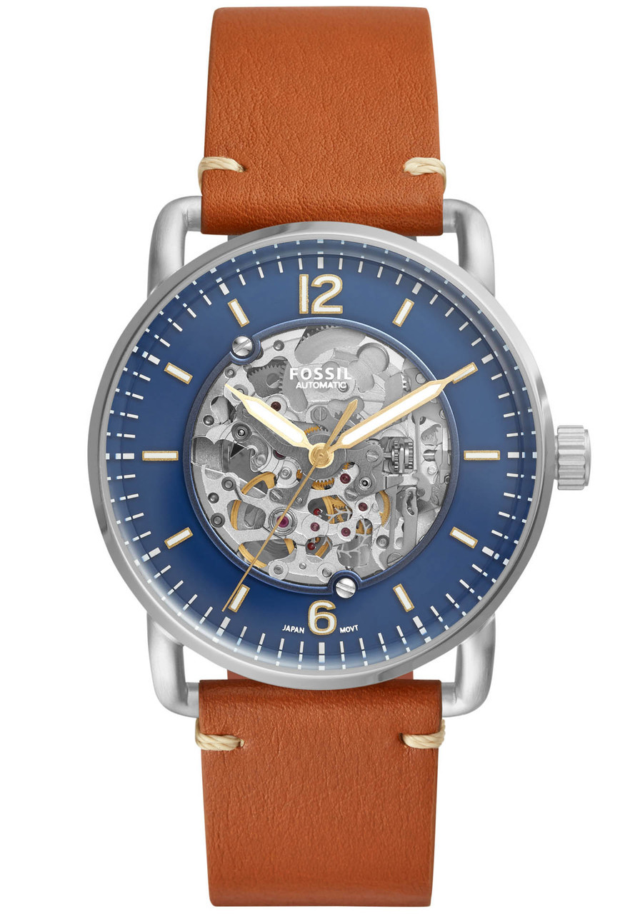 fossil me3159 commuter automatic blue tan leather