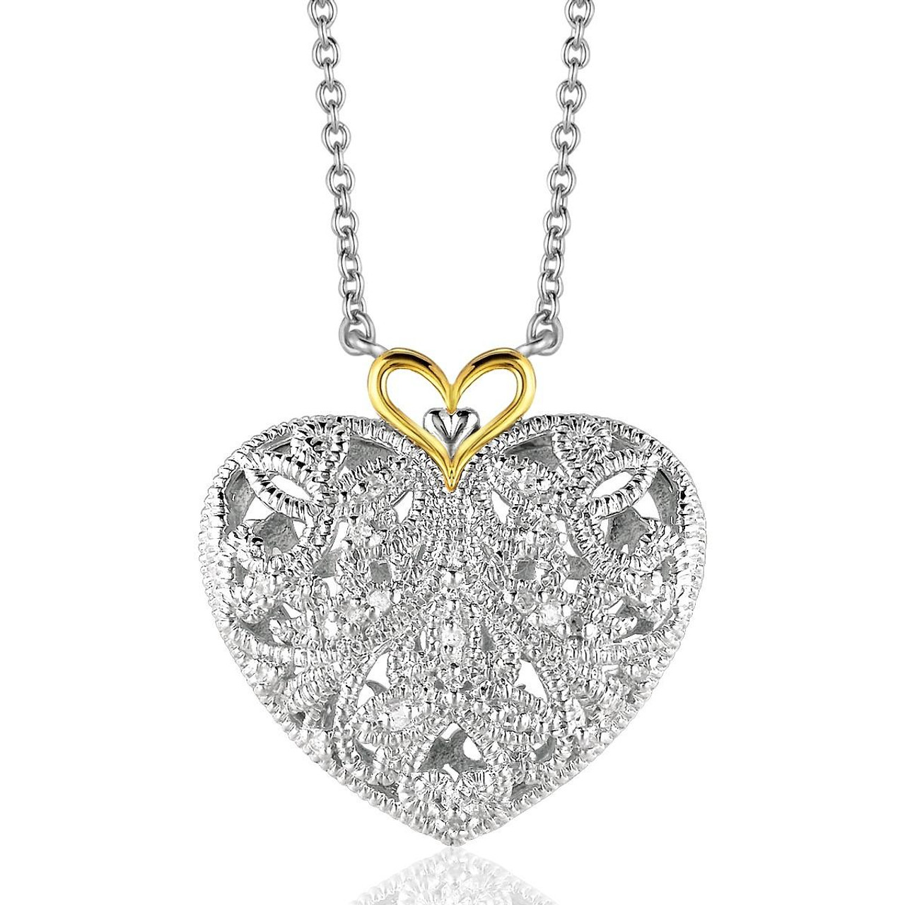 Sterling Silver and 14K Yellow Gold Filigree Heart Pendant with Diamond ...