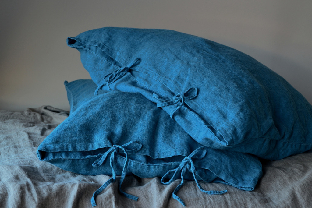 Dark Teal Rustic Heavy weight linen pillow case with ties