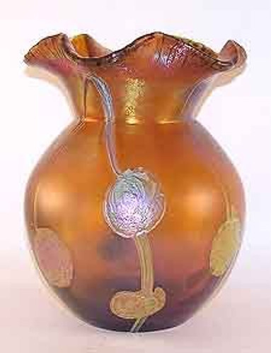Tiffany Style Art Glass Vase "Poppies" Gold