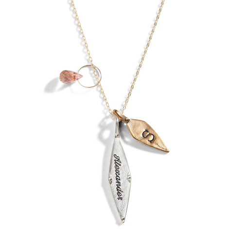 Three of Cups Diamond Shaped Charm Necklace with Sterling Silver Engraved Charm and Bronze Initial Charm. Three of Cups Diamond Shaped Charm Necklace with Sterling Silver Engraved Charm and Bronze Initial Charm.