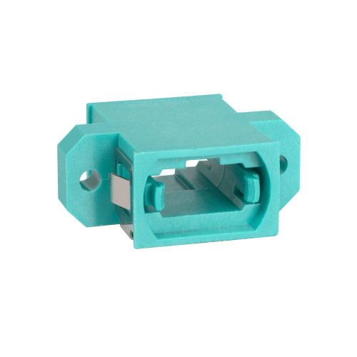 MPO Fiber Optic Adapter Feed Through in 10G Aqua with Standard Footprint and Opposite Key MPO Fiber Optic Adapter Feed Through in 10G Aqua with Standard Footprint and Opposite Key
