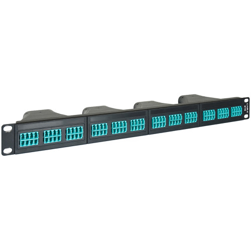 LC to MPO Fiber Optic Patch Panel with 96 10G Aqua Fibers and 4 Configurable Casettes with 24 Fibers per Cassette LC to MPO Fiber Optic Patch Panel with 96 10G Aqua Fibers and 4 Configurable Casettes with 24 Fibers per Cassette