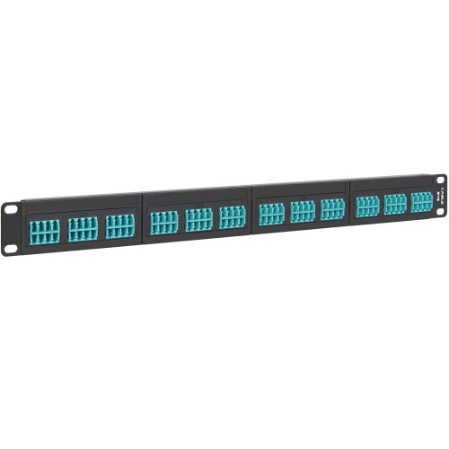 LC to LC Fiber Optic Patch Panel Pre-loaded with 96 10G Aqua Fibers and 4 Configurable Bezels with 24 Fibers per Bezel LC to LC Fiber Optic Patch Panel Pre-loaded with 96 10G Aqua Fibers and 4 Configurable Bezels with 24 Fibers per Bezel