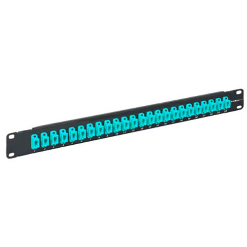 MPO-MPO Fiber Optic Patch Panel Pre-loaded with 24 10G Aqua Adapters for up to 576 Fibers MPO-MPO Fiber Optic Patch Panel Pre-loaded with 24 10G Aqua Adapters for up to 576 Fibers