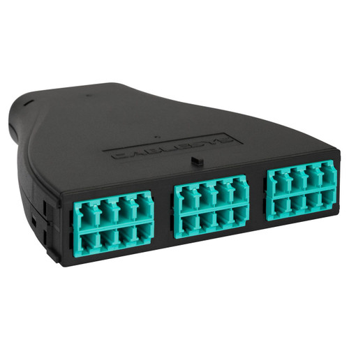 LC to MPO Plastic Fiber Optic HD Cassette with Aqua Multimode Adapters and 24 10G OM3 Fibers LC to MPO Plastic Fiber Optic HD Cassette with Aqua Multimode Adapters and 24 10G OM3 Fibers