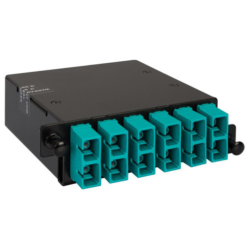 SC to MPO Fiber Optic HD Cassette with Aqua Multimode Adapters and 12 10G OM3 Fibers SC to MPO Fiber Optic HD Cassette with Aqua Multimode Adapters and 12 10G OM3 Fibers
