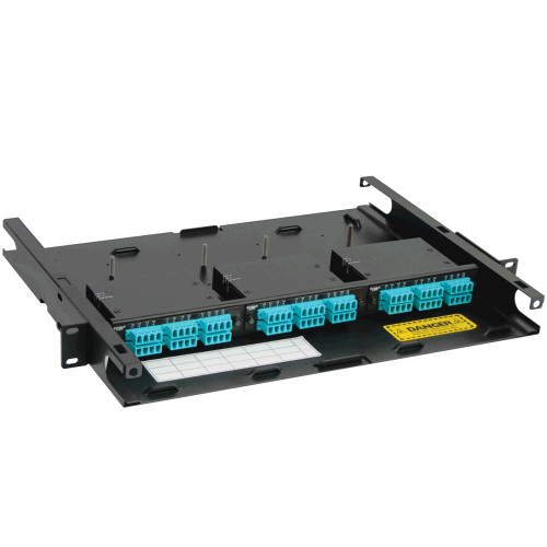 LC to MPO Fiber Optic Rack Mount Enclosure Preconfigured with 3 Cassettes with 72 10G Aqua Fibers LC to MPO Fiber Optic Rack Mount Enclosure Preconfigured with 3 Cassettes with 72 10G Aqua Fibers