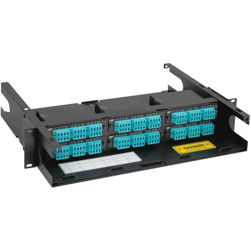LC to MPO Fiber Optic Rack Mount Enclosure Preconfigured with 6 Cassettes with 144 10G Aqua Fibers LC to MPO Fiber Optic Rack Mount Enclosure Preconfigured with 6 Cassettes with 144 10G Aqua Fibers