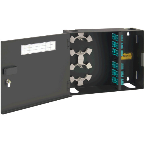 SC to SC Fiber Optic Wall Mount Enclosure Preconfigured with 4 Adapter Panels with 48 10G Aqua Fibers SC to SC Fiber Optic Wall Mount Enclosure Preconfigured with 4 Adapter Panels with 48 10G Aqua Fibers
