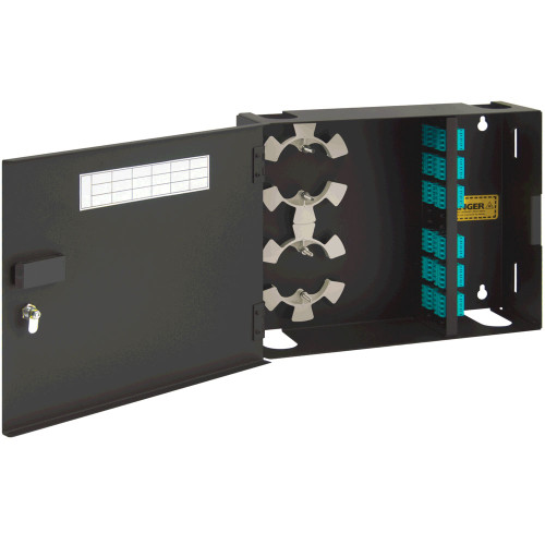LC to LC Fiber Optic Wall Mount Enclosure Preconfigured with 4 Adapter Panels with 96 10G Aqua Fibers LC to LC Fiber Optic Wall Mount Enclosure Preconfigured with 4 Adapter Panels with 96 10G Aqua Fibers