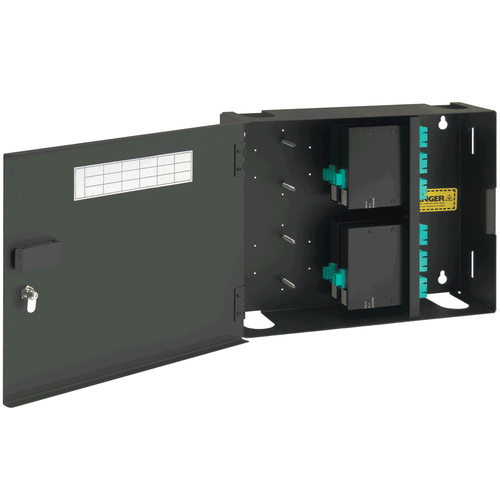 SC to MPO Fiber Optic Wall Mount Enclosure Preconfigured with 4 Cassettes with 48 10G Aqua Fibers SC to MPO Fiber Optic Wall Mount Enclosure Preconfigured with 4 Cassettes with 48 10G Aqua Fibers