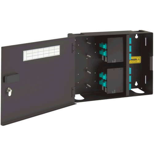 LC to MPO Fiber Optic Wall Mount Enclosure Preconfigured with 4 Cassettes with 96 10G Aqua Fibers LC to MPO Fiber Optic Wall Mount Enclosure Preconfigured with 4 Cassettes with 96 10G Aqua Fibers