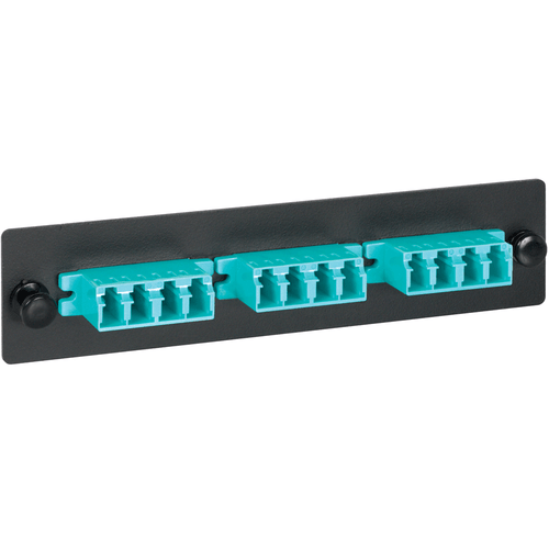 LC to LC Fiber Optic LGX Adapter Panel with Quad Aqua Multimode Adapters for 12 10G Fibers LC to LC Fiber Optic LGX Adapter Panel with Quad Aqua Multimode Adapters for 12 10G Fibers