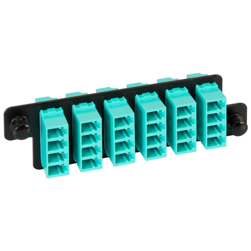 LC to LC Fiber Optic HD Adapter Panel with Aqua Multimode Adapters for 24 10G Fibers LC to LC Fiber Optic HD Adapter Panel with Aqua Multimode Adapters for 24 10G Fibers