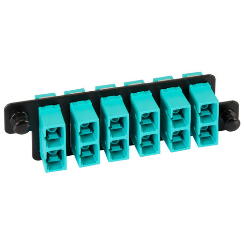 SC to SC Fiber Optic HD Adapter Panel with Aqua Multimode Adapters for 12 10G Fibers SC to SC Fiber Optic HD Adapter Panel with Aqua Multimode Adapters for 12 10G Fibers