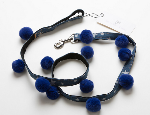 Star Print Denim Dog Leash - Blue Pom Pom