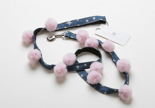 pink pom pom star print denim dog leash